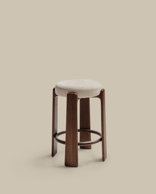 Granite stool in beige chenille and solid ash wood with walnut-coloured finish FSC 100% 75cm