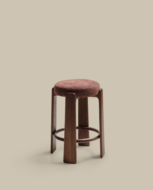 Granite stool in brown chenille and solid ash wood with walnut-coloured finish FSC 100% 75cm