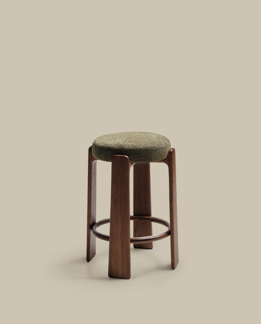 Granite stool in green chenille and solid ash wood with walnut-coloured finish FSC 100% 75cm
