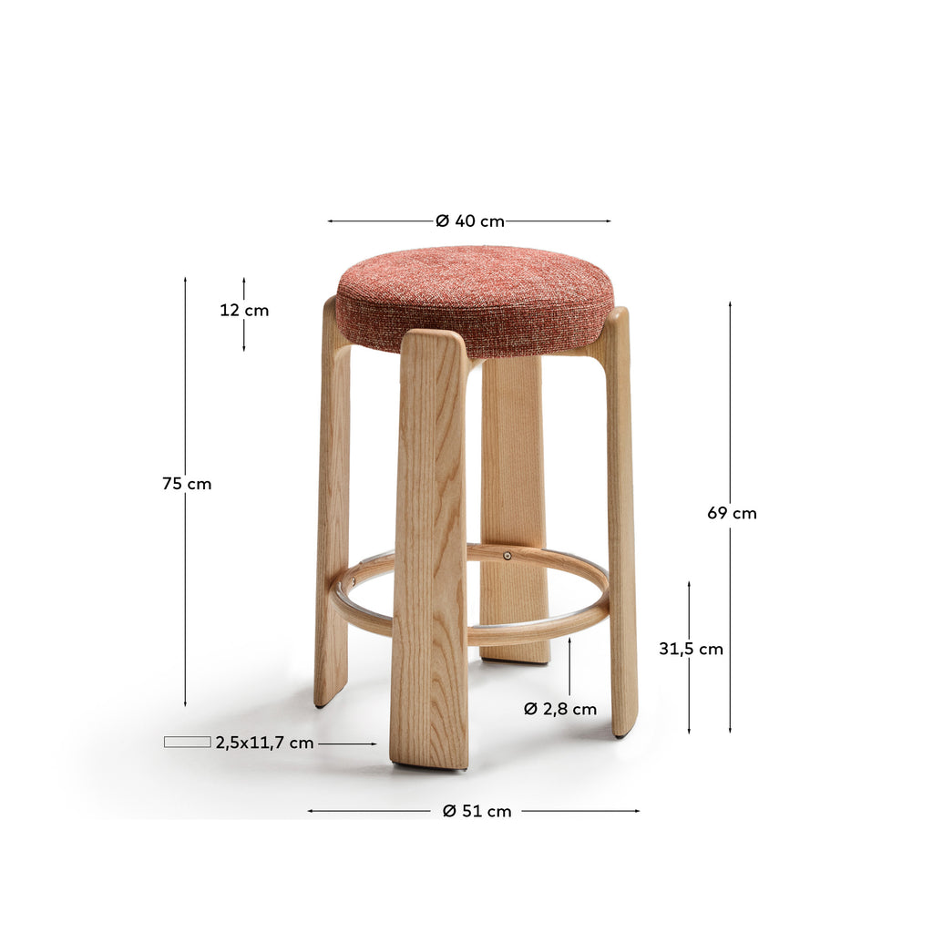 Granite fire-retardant stool in terracotta chenille and solid ash wood with natural finish FSC 100% 75 cm