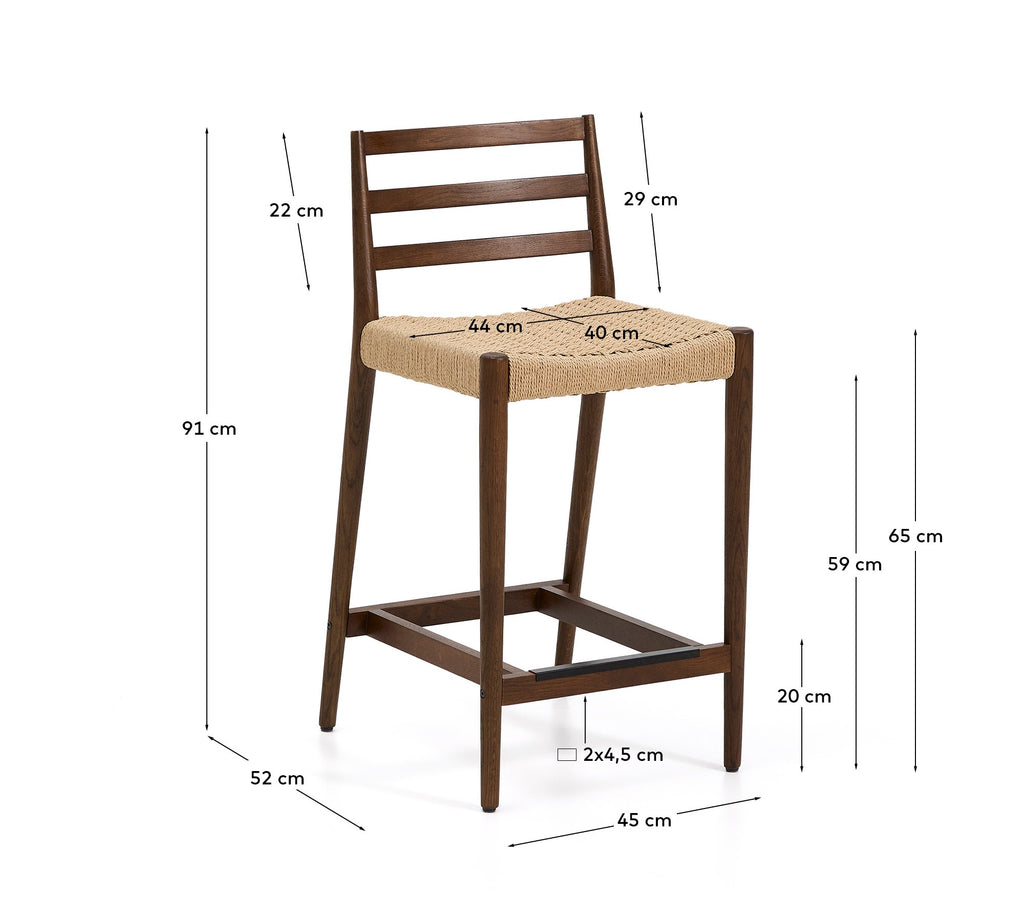 Analy solid oak back stool with walnut finish and rope seat 65 cm FSC 100%