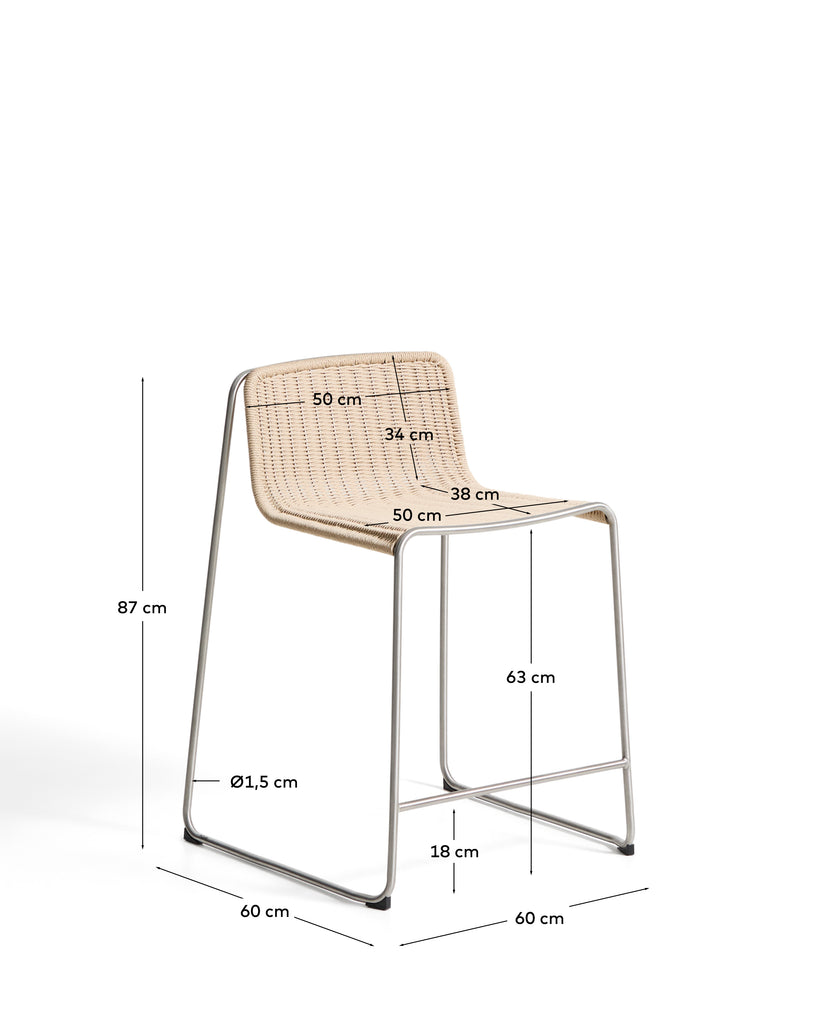Stackable bar stool Tavari made of beige synthetic rope and AISI 304 stainless steel with brushed effect, height 65 cm