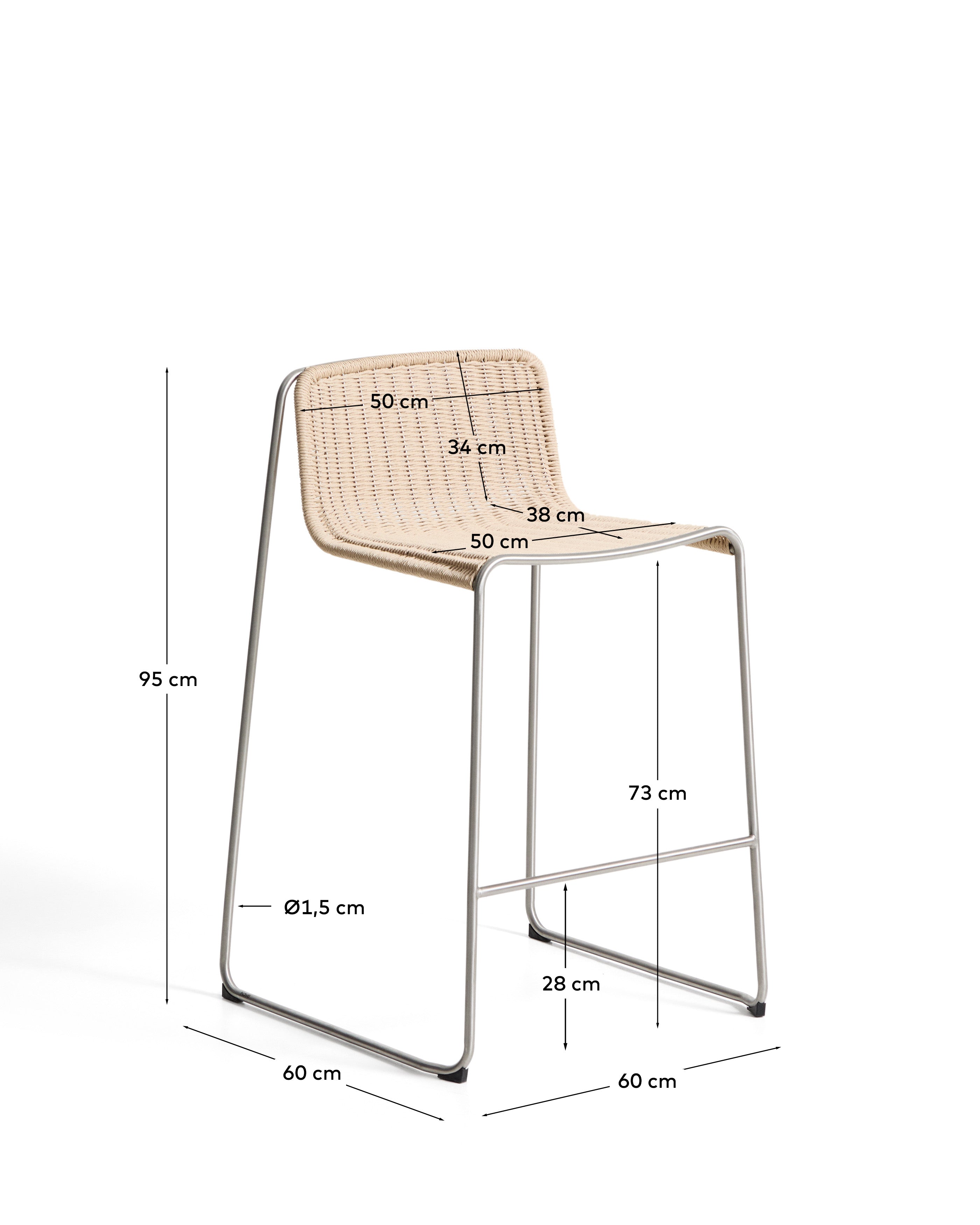 Tavari stackable stool in beige synthetic rope cord and AISI 304 stainless steel with brushed finish 75 cm