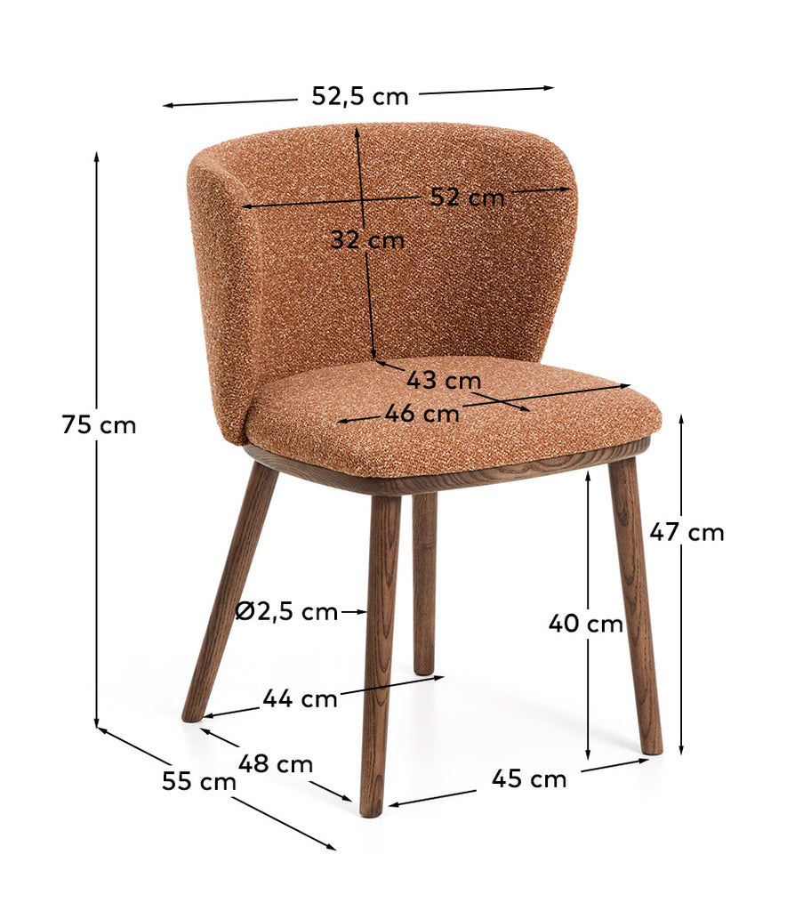 Ciselia chair in terracotta thick chenille with solid ash legs in walnut finish FSC Mix Credit