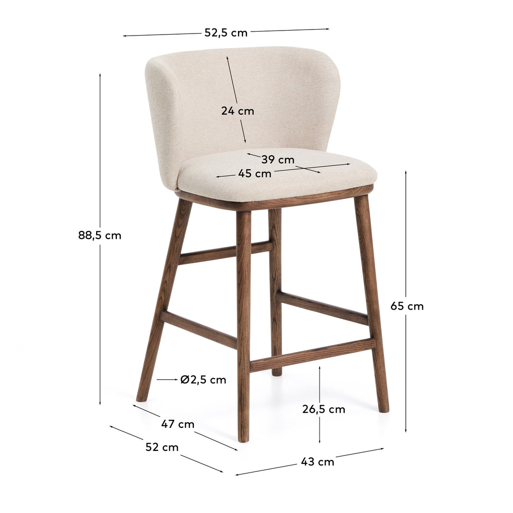 Ciselia stool in beige thick chenille with solid ash legs with walnut finish FSC Mix Credit 65 cm