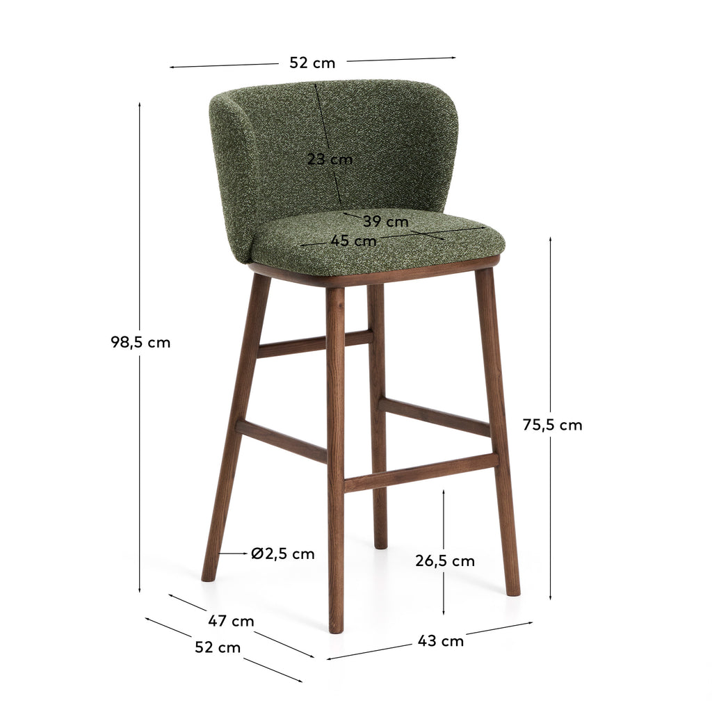 Ciselia stools in dark green thick chenille with solid ash legs, walnut finish, FSC, 75 cm