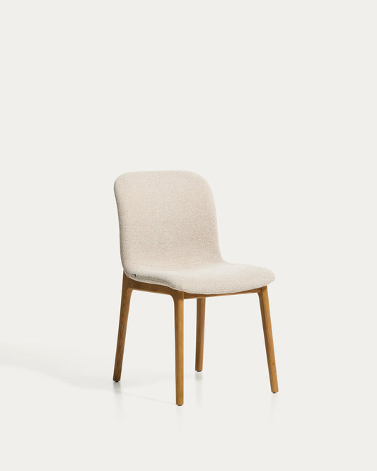 Elnor chair in beige chenille with solid oak wood legs in a natural finish 