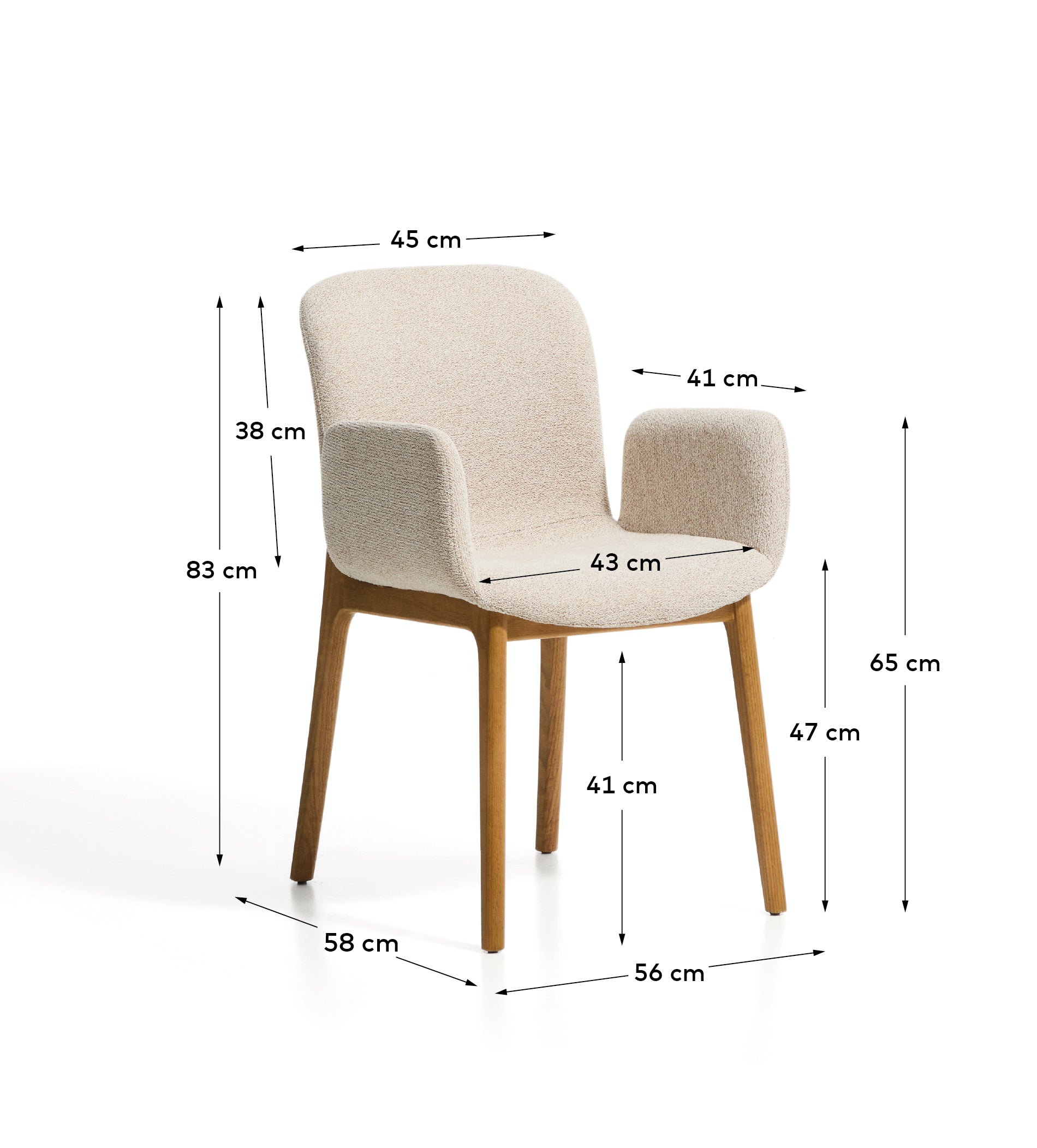 Elnor chair with armrests in beige chenille with solid oak wood legs in a natural finish 