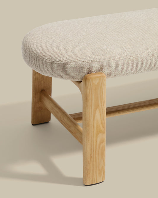 Granite bench in beige chenille and solid ash wood with natural finish 120cm FSC 100%