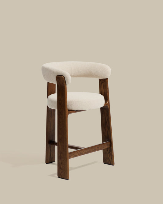 Granite stool with 3 legs in beige chenille and solid ash wood with walnut finish FSC 100% 65cm 