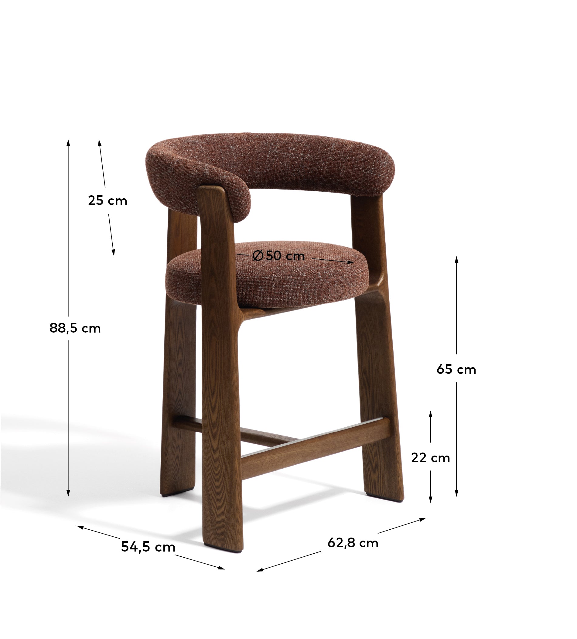 Granite stool with 3 legs in brown chenille and solid ash wood with walnut finish FSC 100% 65cm. 