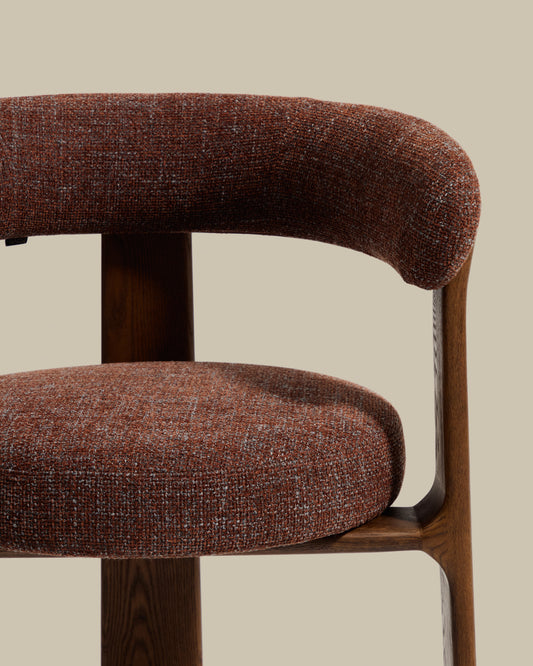 Granite stool with 3 legs in brown chenille and solid ash wood with walnut finish FSC 100% 65cm. 