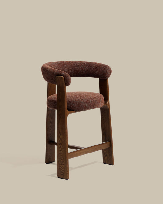 Granite stool with 3 legs in brown chenille and solid ash wood with walnut finish FSC 100% 65cm. 
