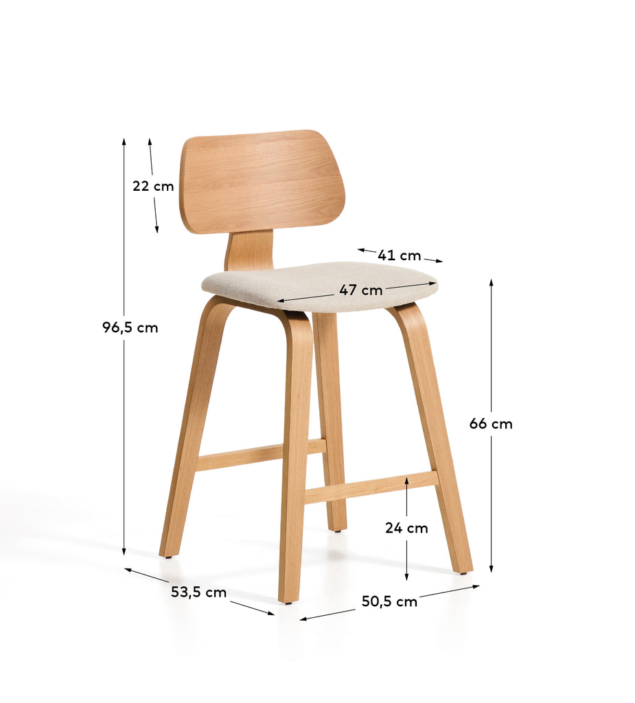 Gena barska stolica od bež ženila sa hrastovim furnirom i okvirom od gumenog drveta 65cm