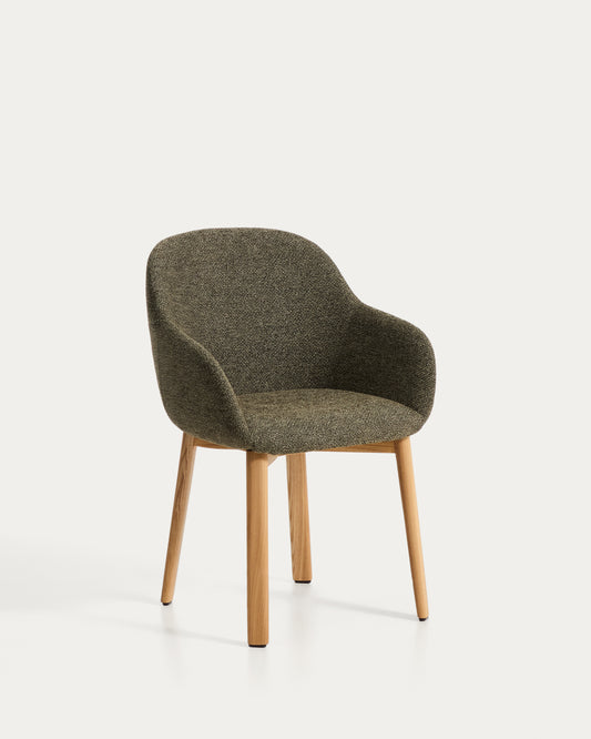 Meila chair with armrests in green chenille with legs in solid ash wood with natural finish 