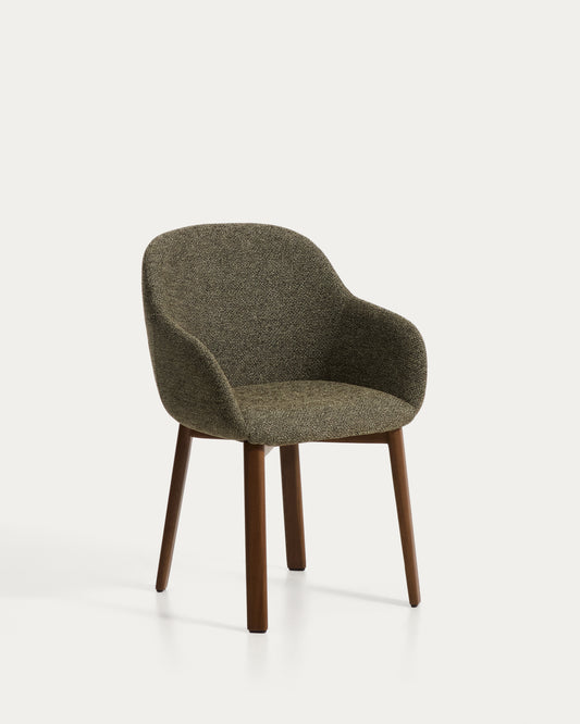Meila chair with armrests in green chenille with legs in solid ash wood with walnut finish