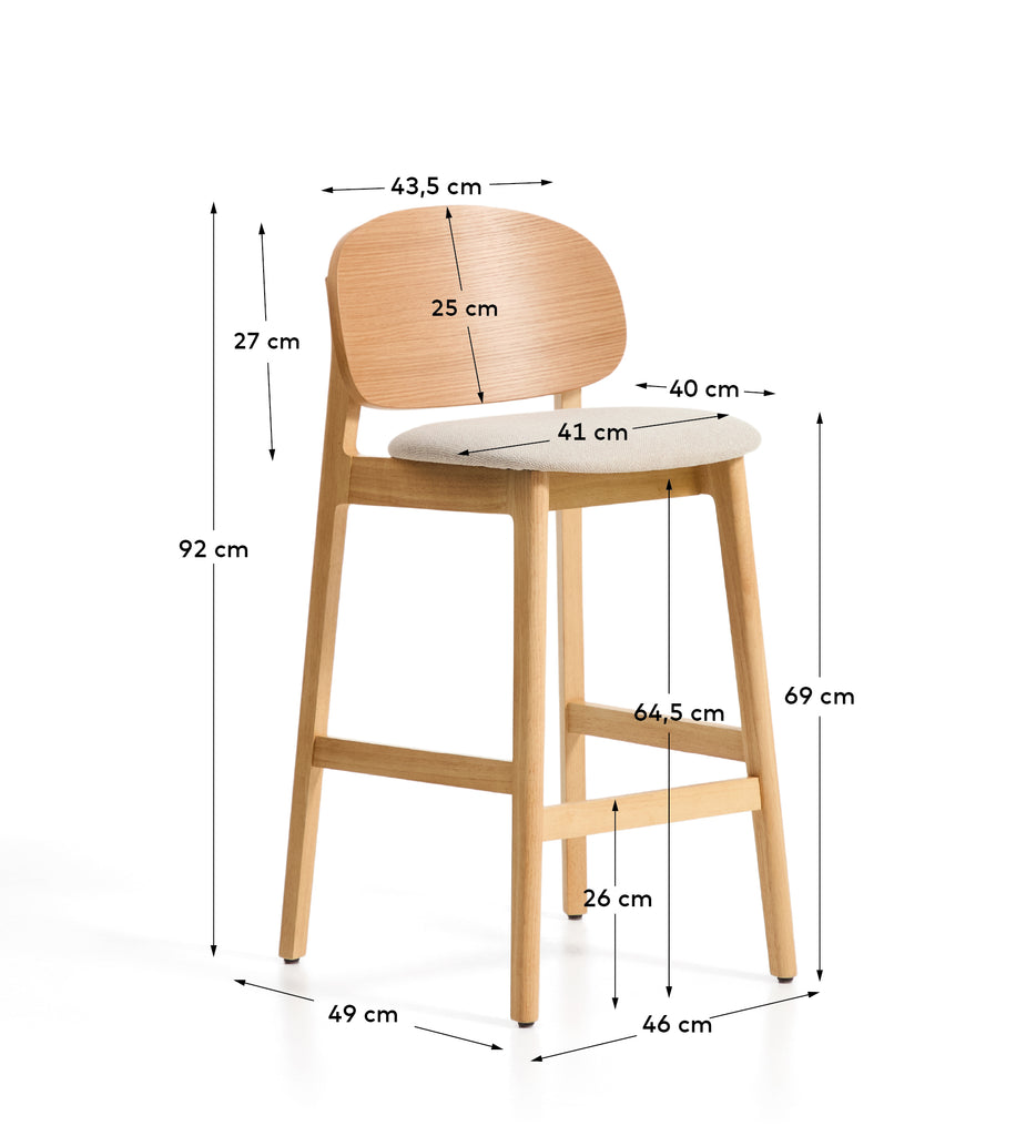 Ludara stool in oak veneer and beige chenille 65cm