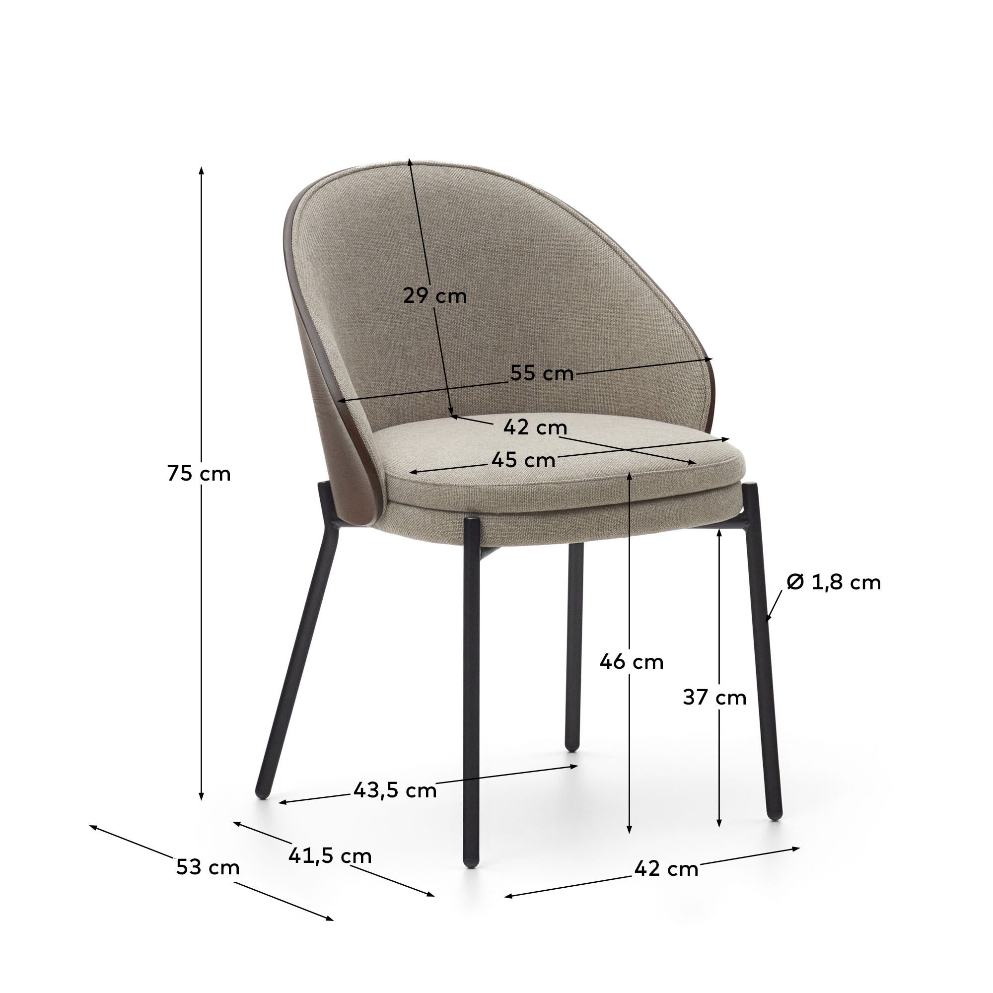 Eamy chair in light brown chenille with ash veneer in walnut finish and black metal