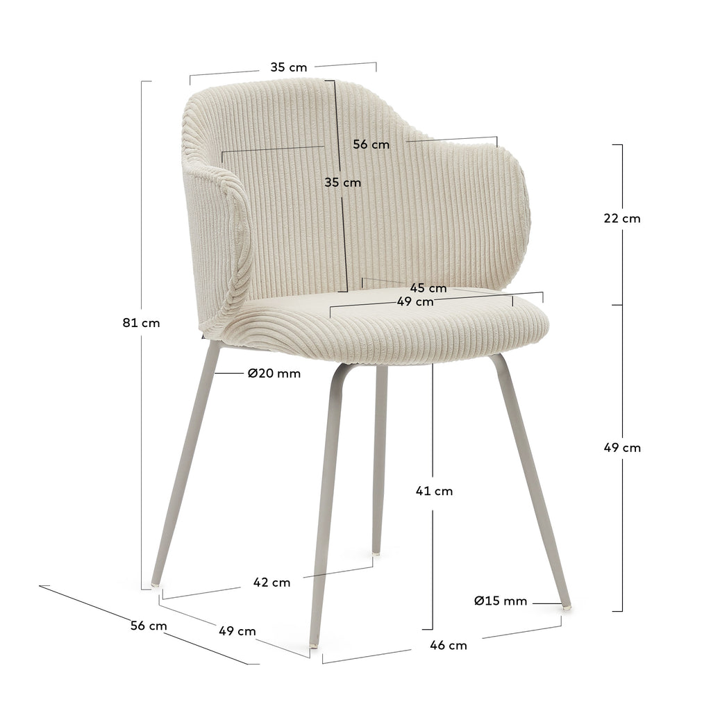 Yunia chair in beige corduroy with wide seam with steel legs in powder coated beige FSC 100%