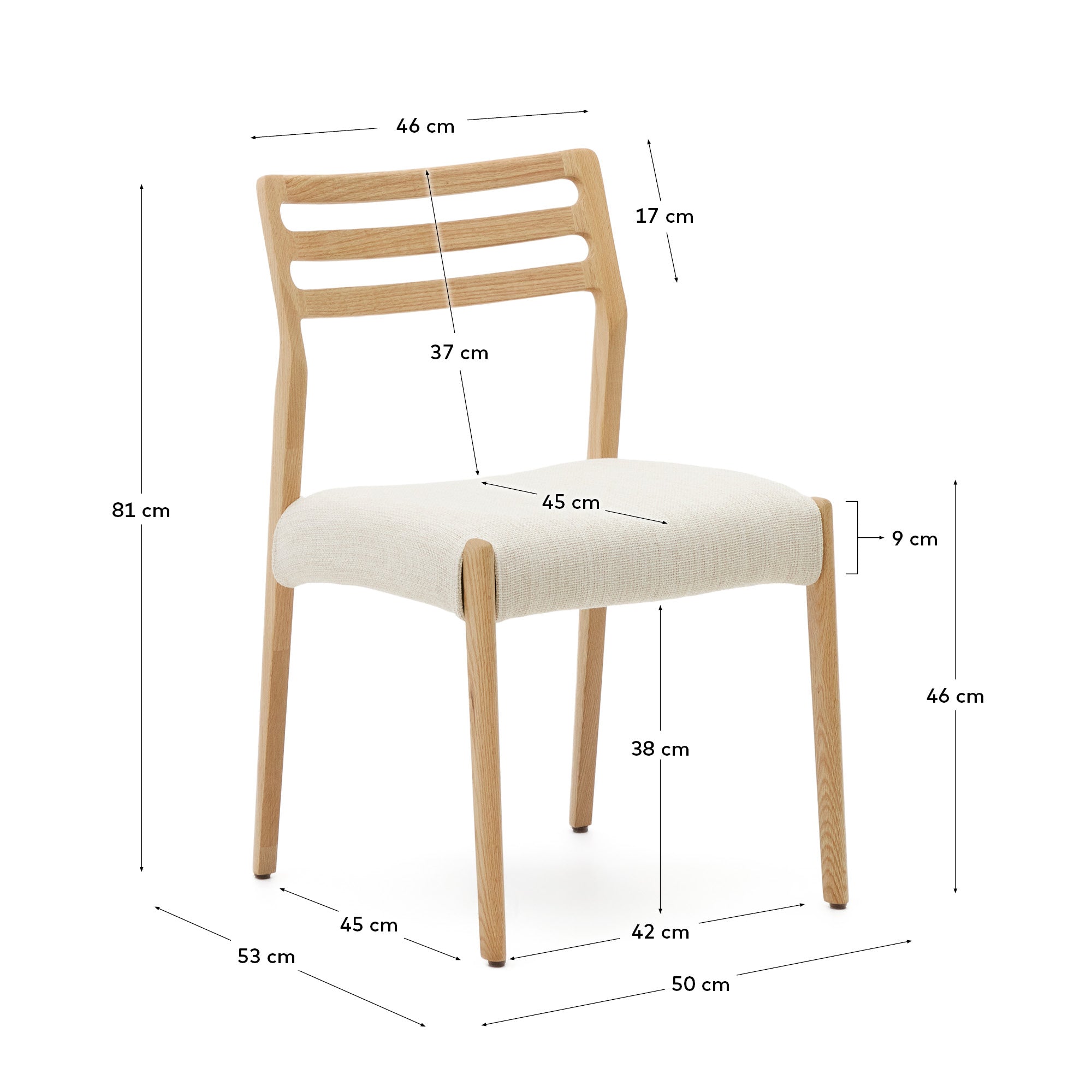 Cudia chair removable cover in beige chenille solid oak wood natural finish FSC Mix Credit