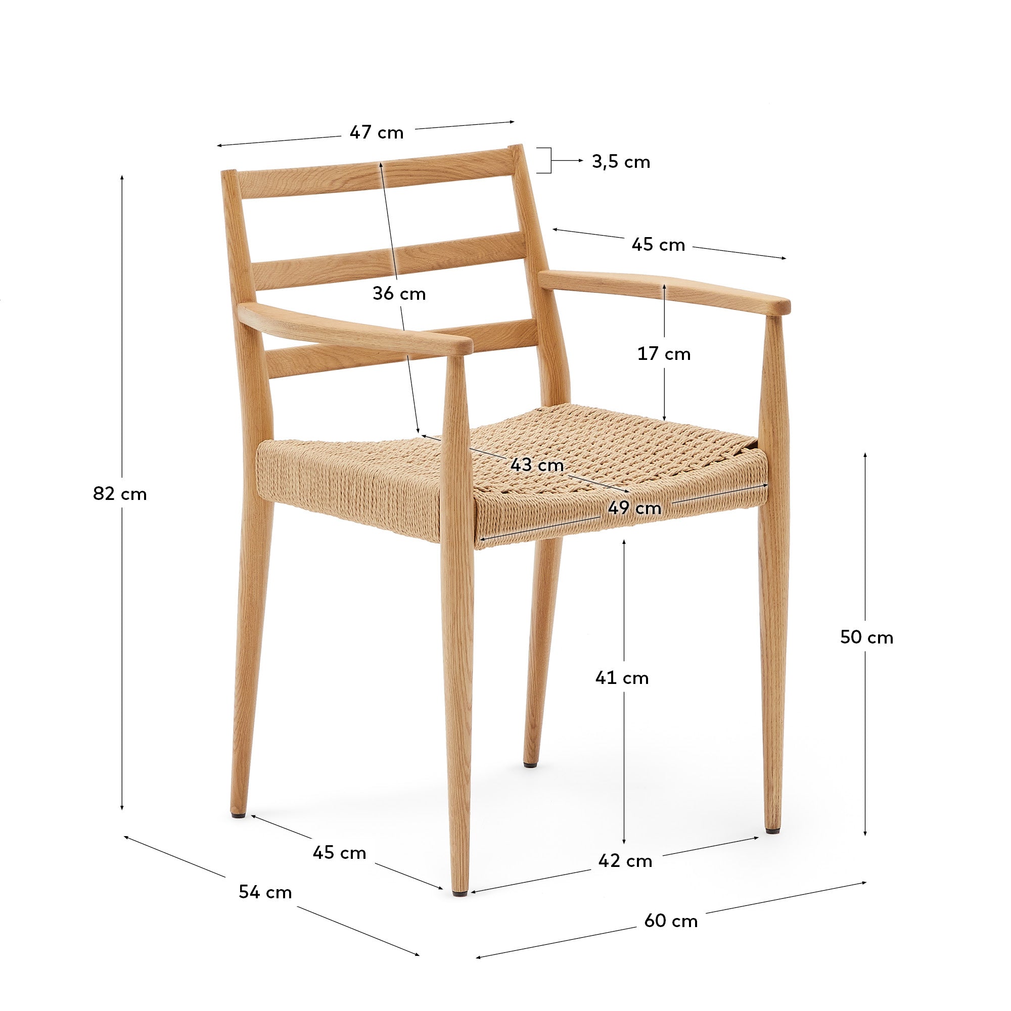Analy chair with armrests in solid oak wood with natural finish and rope seat FSC Mix Credit