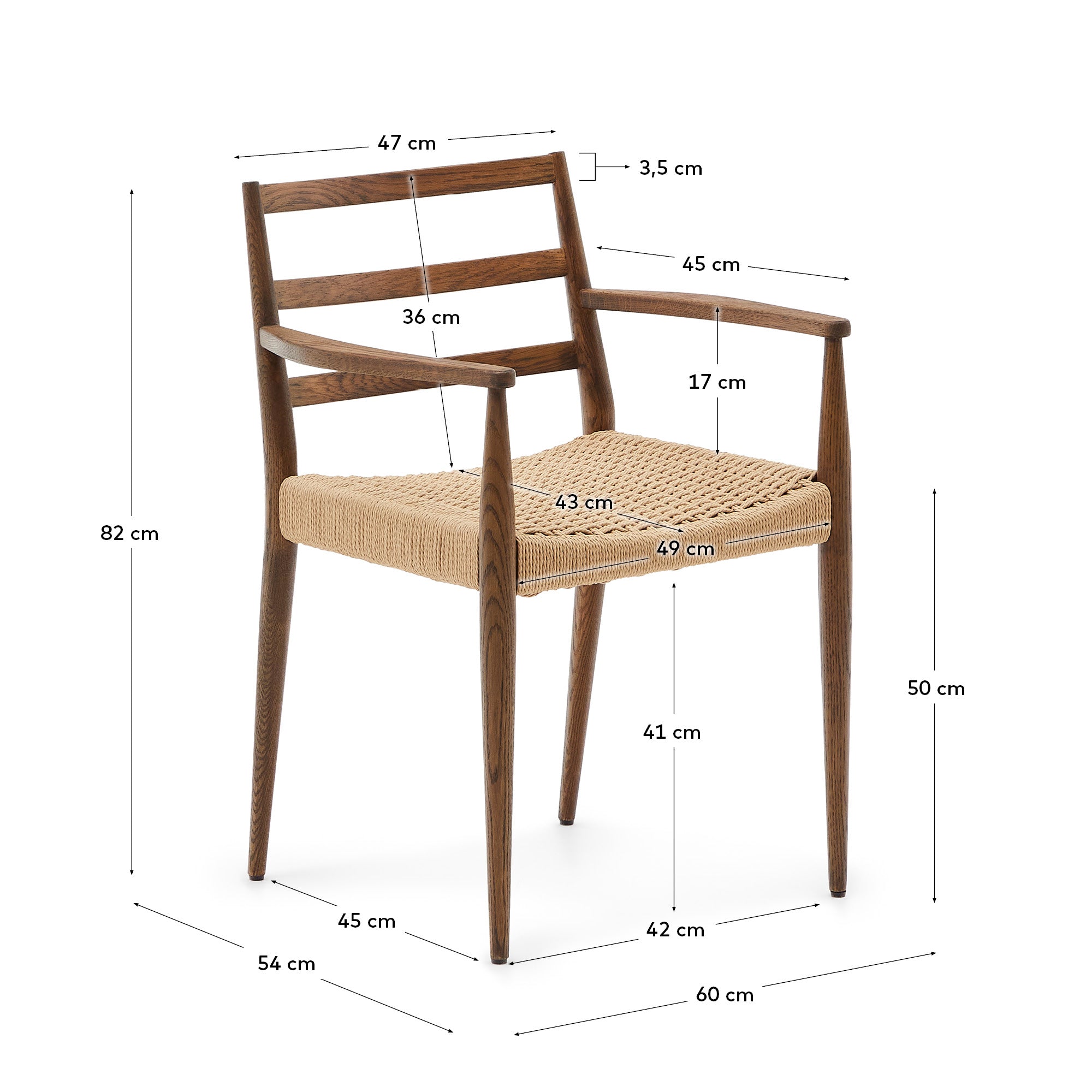 Analy chair with armrests in solid oak wood with walnut finish and rope seat FSC Mix Credit