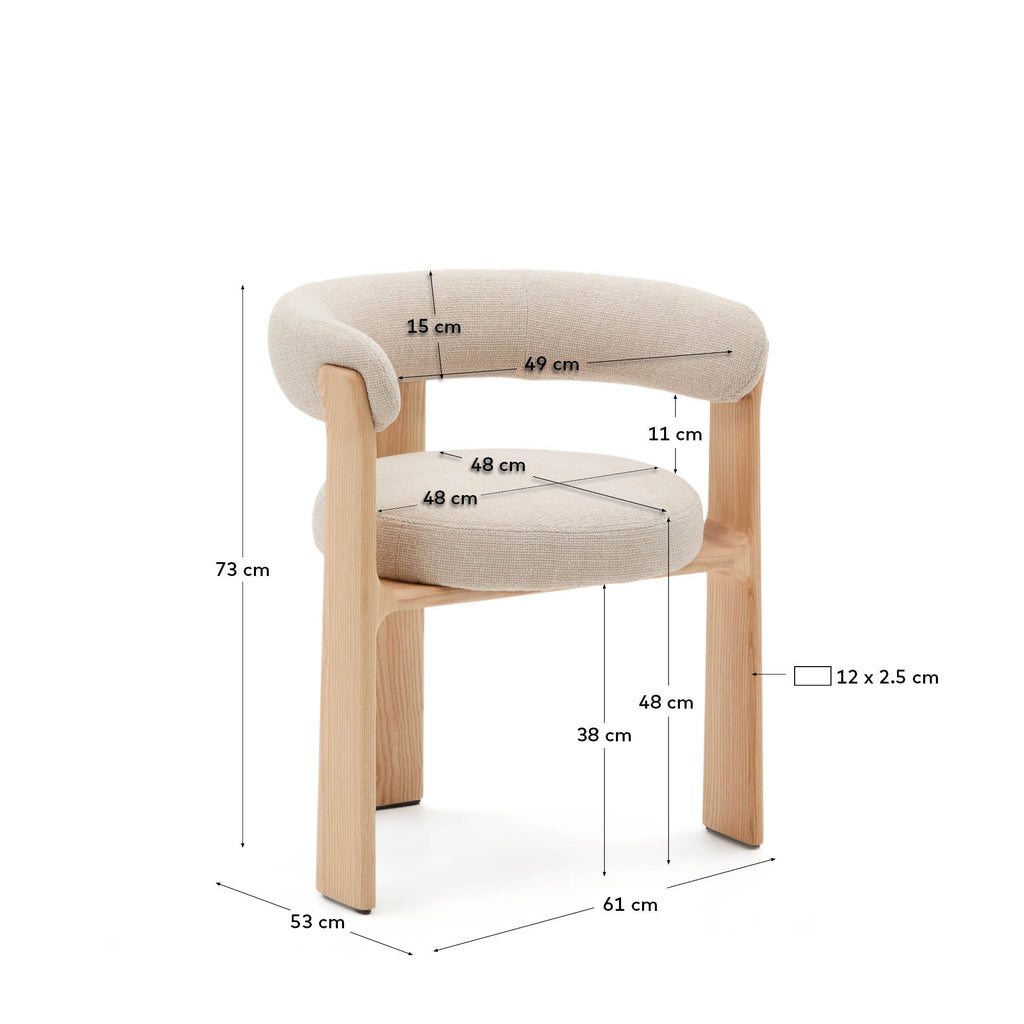 Granite stolica sa 3 noge od bež šenila i punog drveta jasena u prirodnoj završnoj obradi FSC 100%