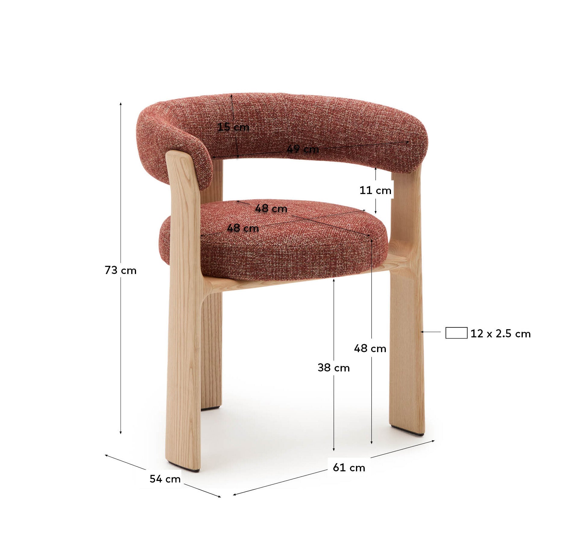 Granite 3-legged chair terracotta chenille and solid ash wood in a natural tone finish FSC 100%
