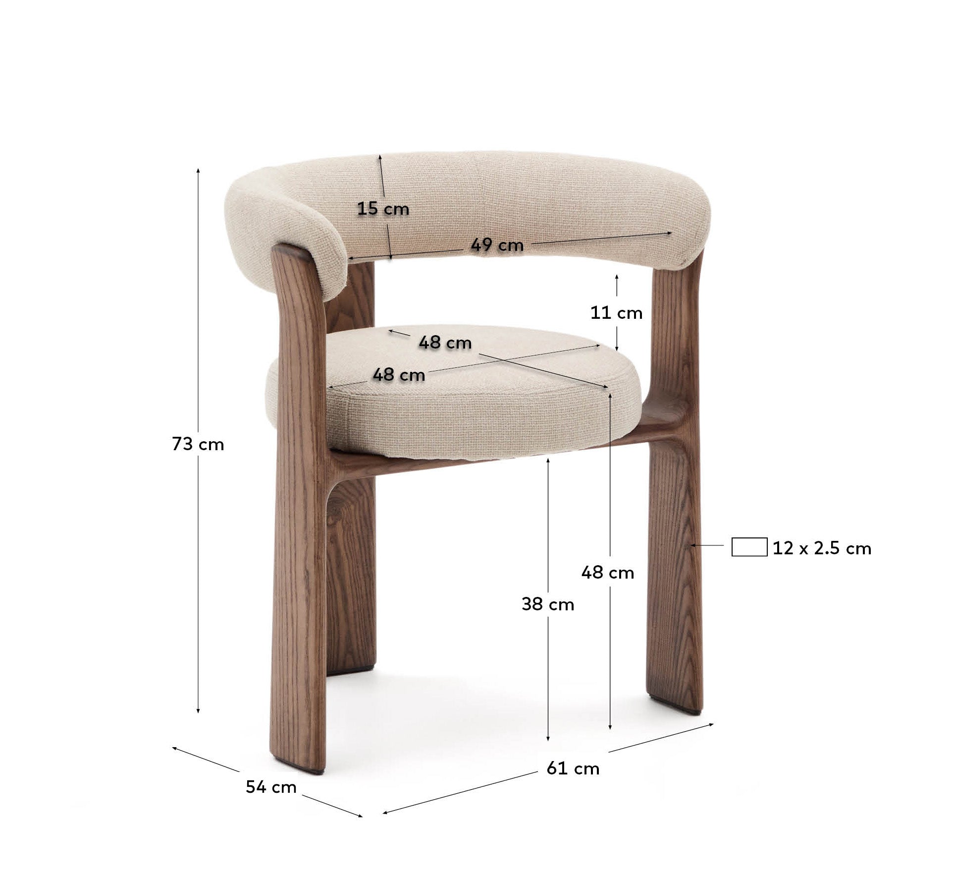 Granite 3-legged chair in beige chenille and with solid ash wood in a walnut finish FSC 100%
