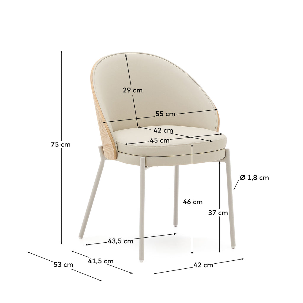 Eamy chair in beige polyurethane, ash veneer with natural finish and beige metal