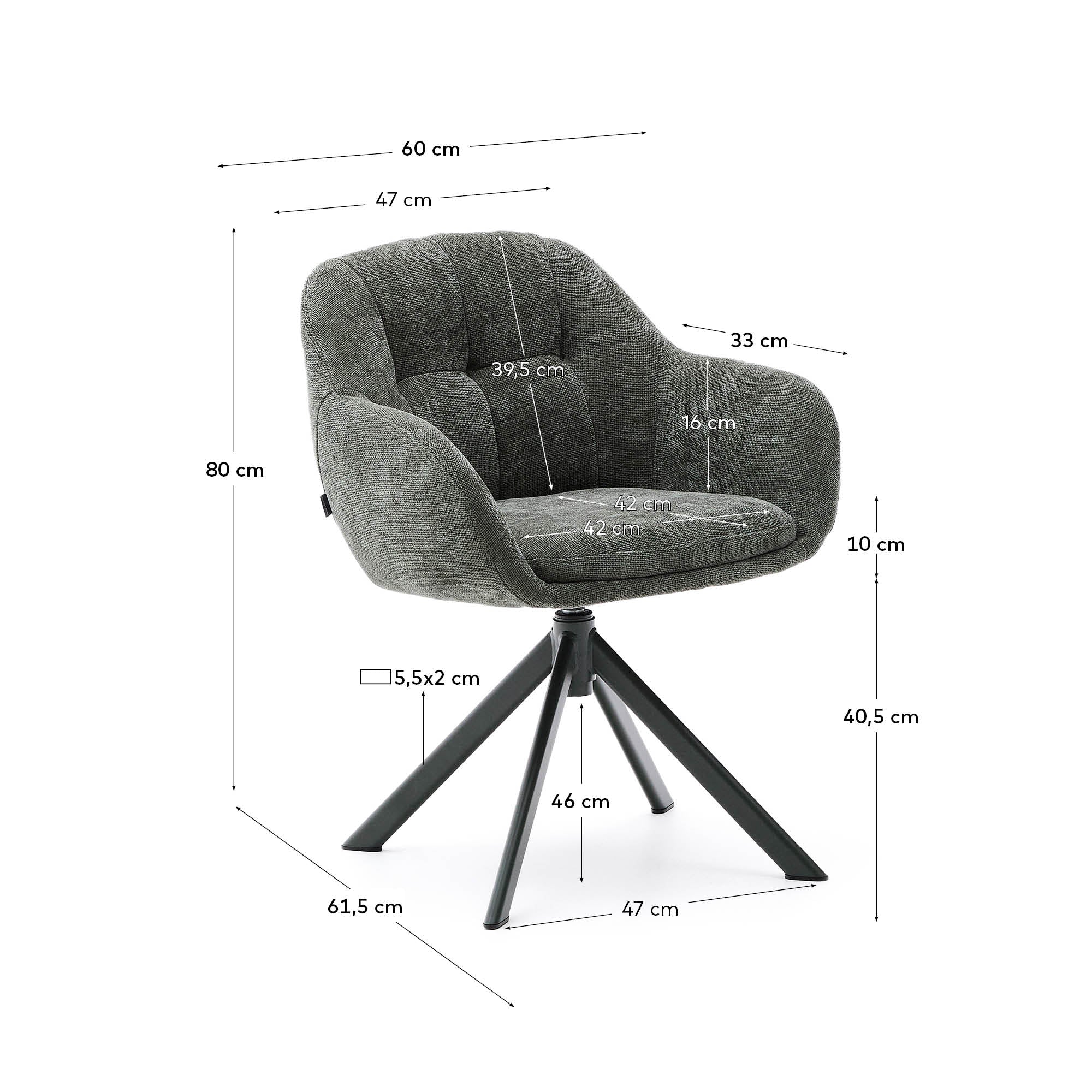 Dorina swivel chair in green chenille and steel legs in a green finish