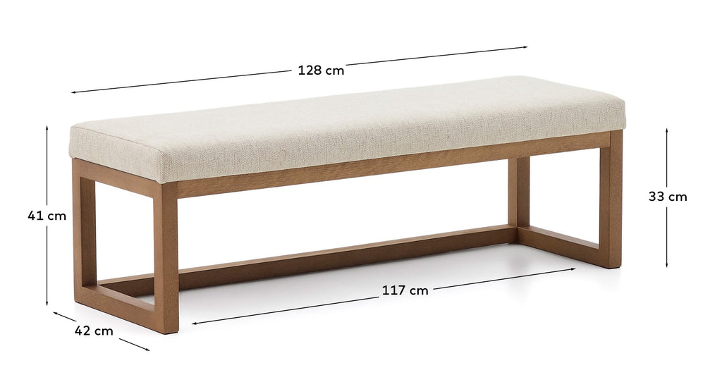 Loya klupa u bež šenilu i bukovom drvetu sa finišom boje oraha 128 cm