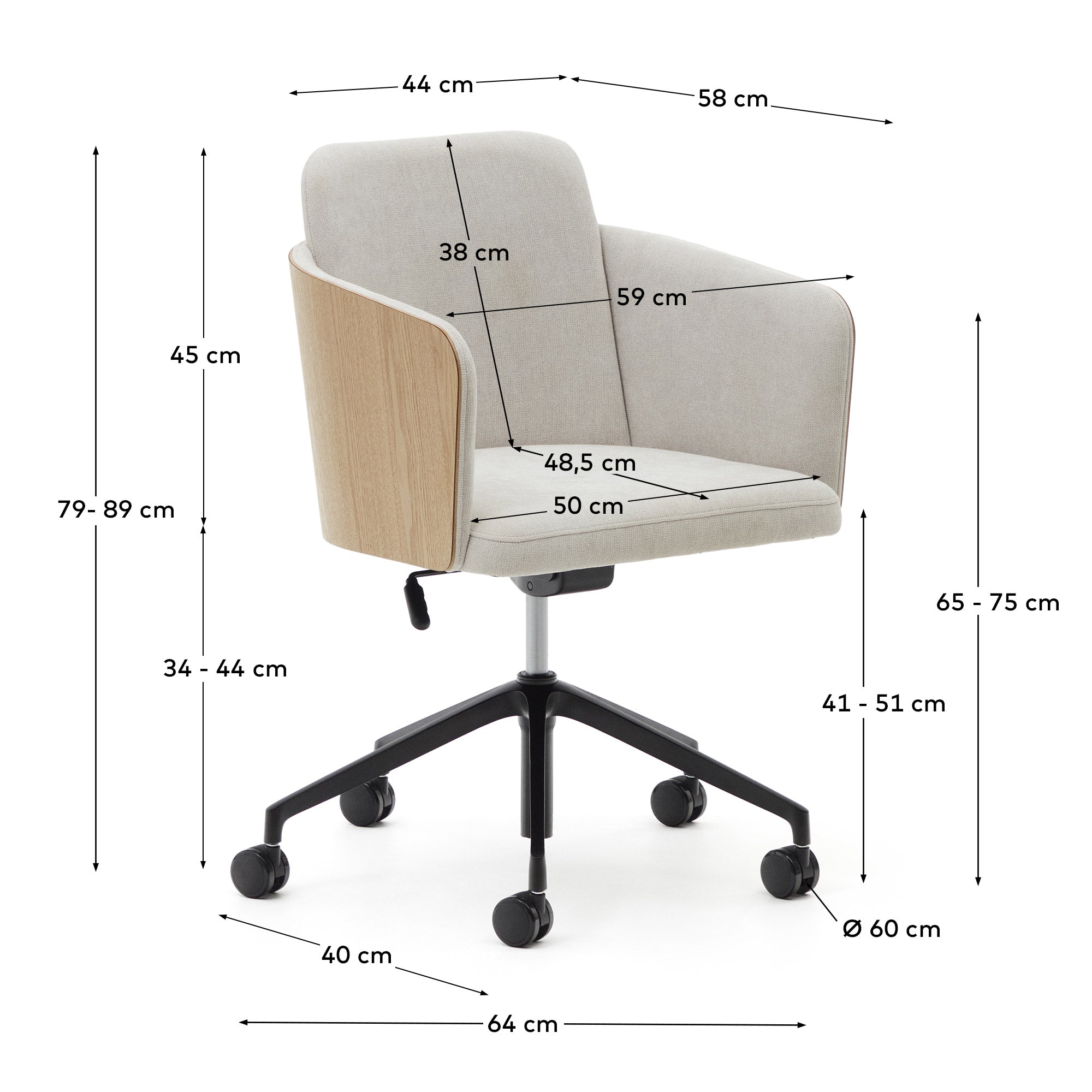 Madai desk chair in beige chenille and ash veneer with natural tone finish FSC Mix Credit