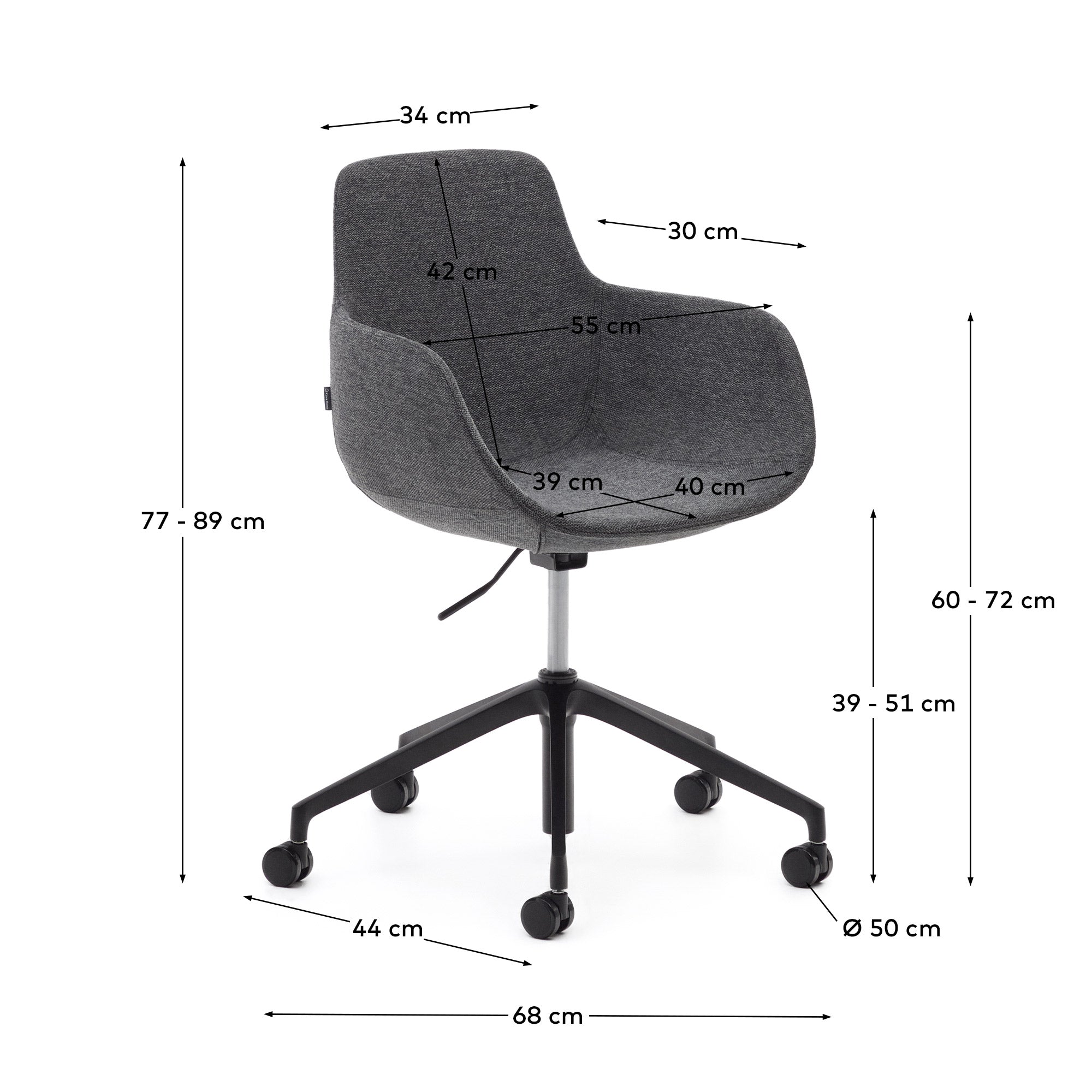 Tissiana dark grey and aluminium desk chair with matt black finish