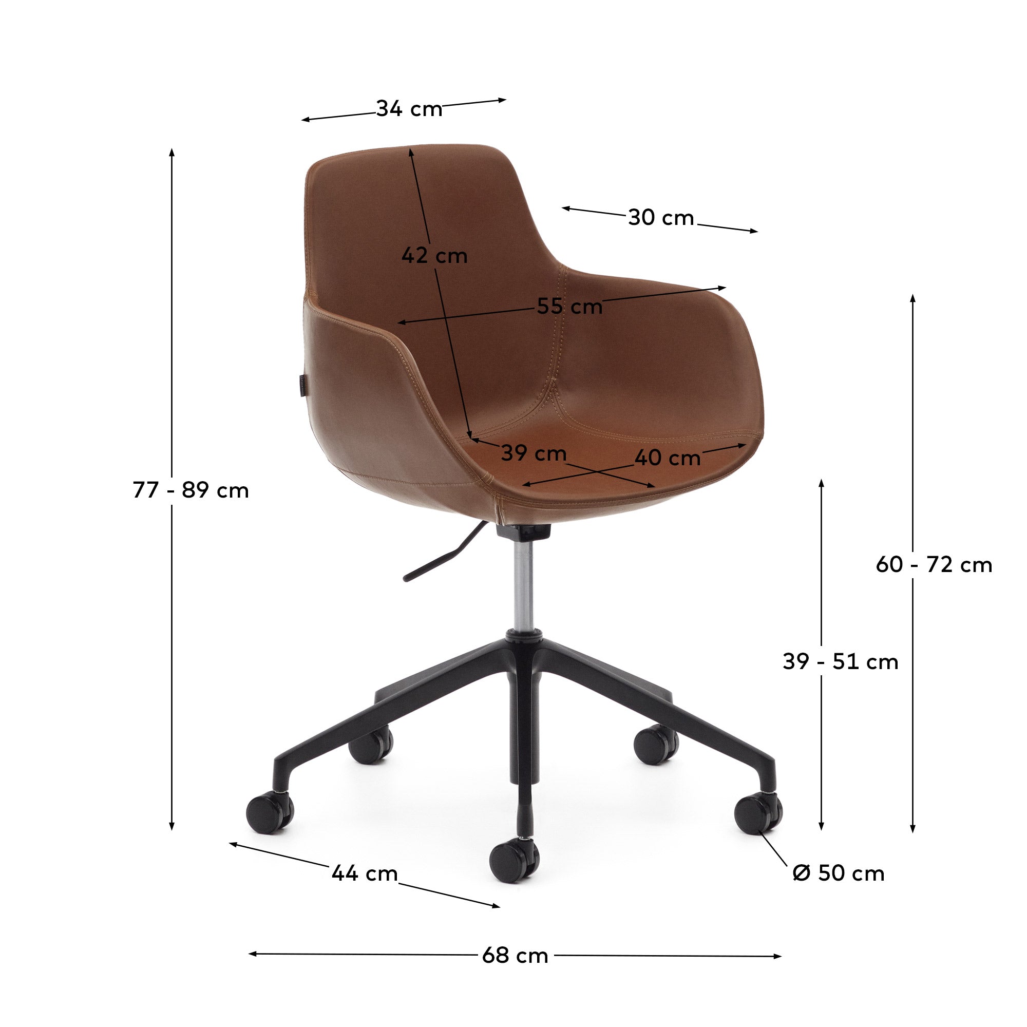 Tissiana desk chair in brown polyurethane and aluminium with matte black finish