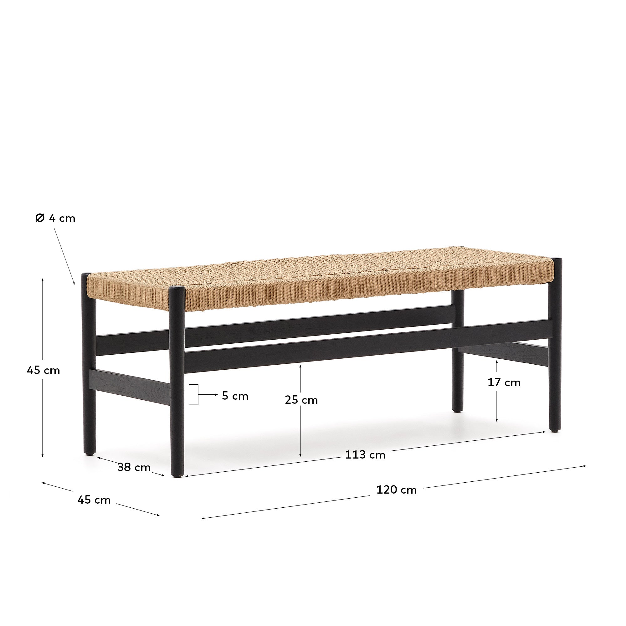 Zaide bench in solid oak wood with black finish and rope seat, 120 cm, FSC Mix Credit