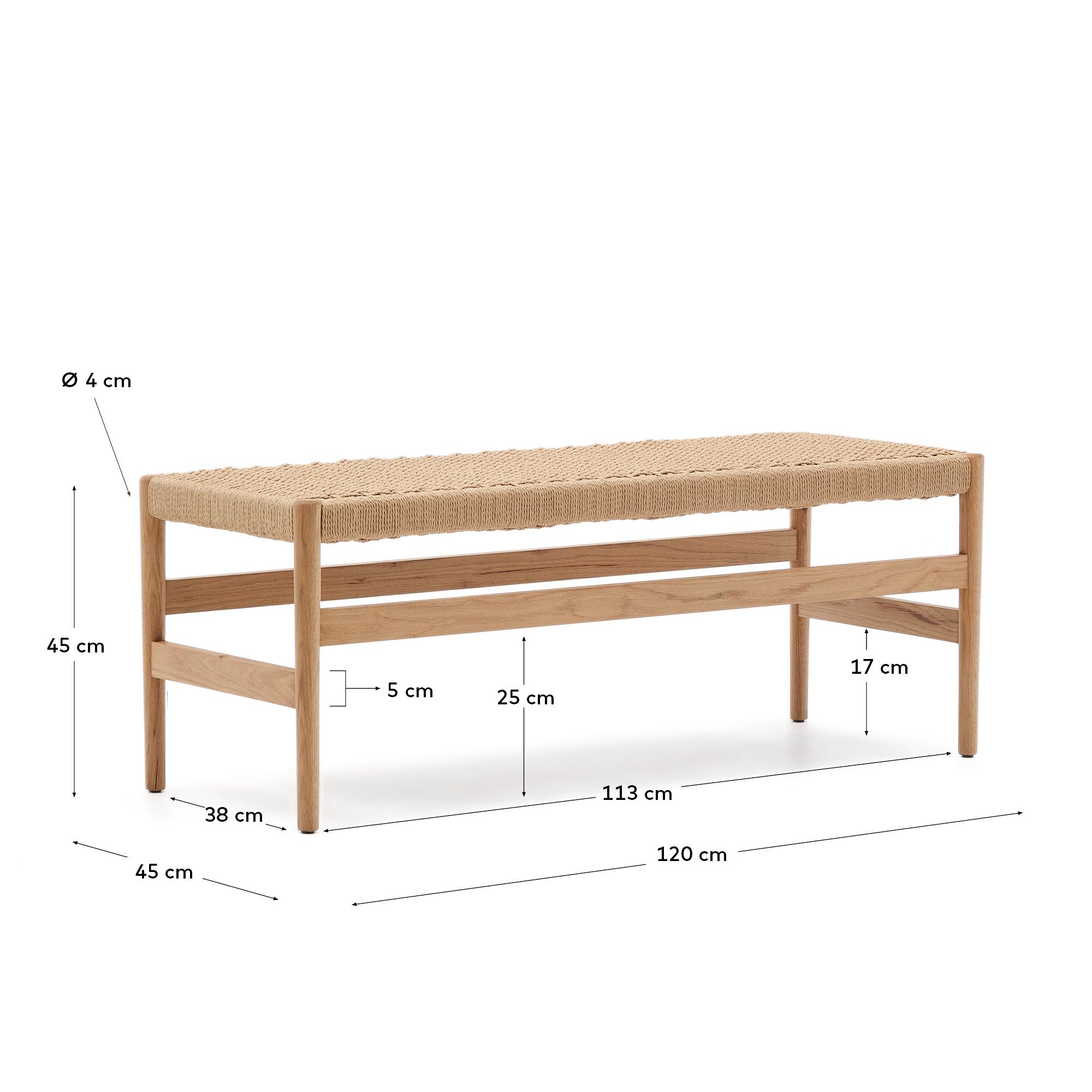 Zaide bench in solid oak wood with natural finish and rope seat, 120 cm, FSC Mix Credit