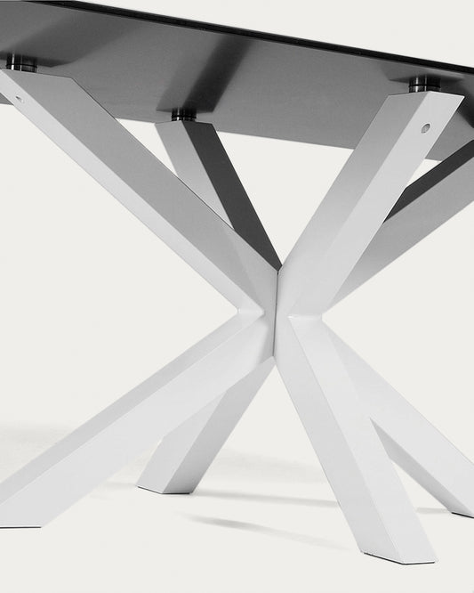 Argo table in matte black glass and steel legs with black finish 200 x 100 cm