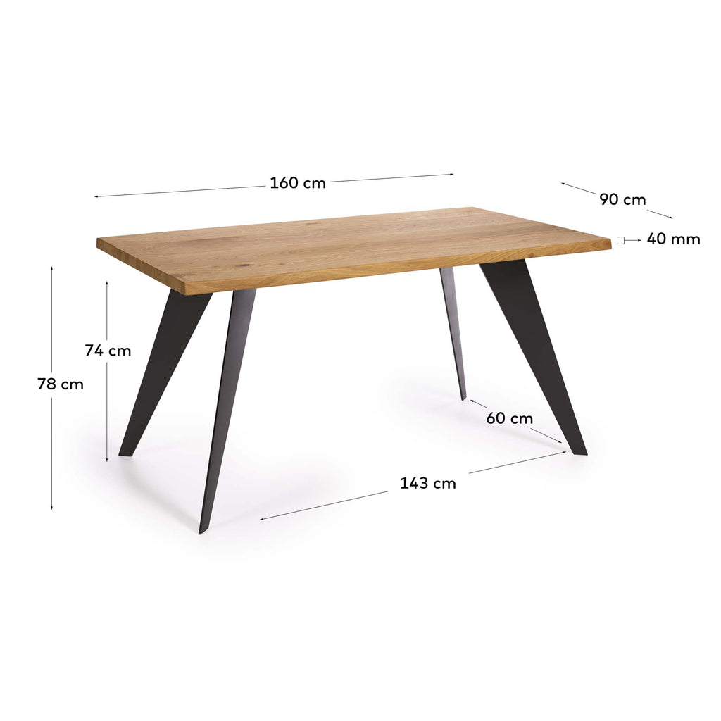 Sto od furnira hrasta Koda sa prirodnom završnom obradom i čeličnim nogama sa crnom završnom obradom 160 x 90 cm