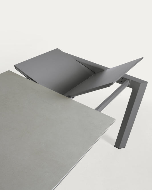 Ceramic table that can be extended along the axis in Hydra Plomo finish, anthracite steel legs 120 (180) cm