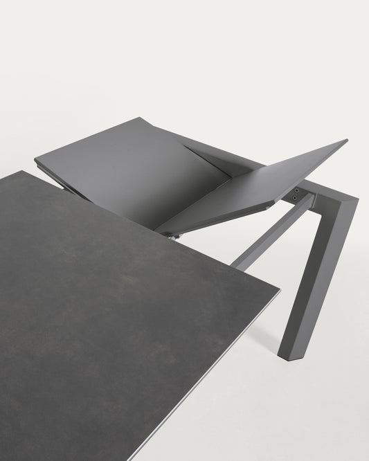 Axis porcelain extendable table with Volcano Rock finish and dark gray steel legs, 120 (180) cm