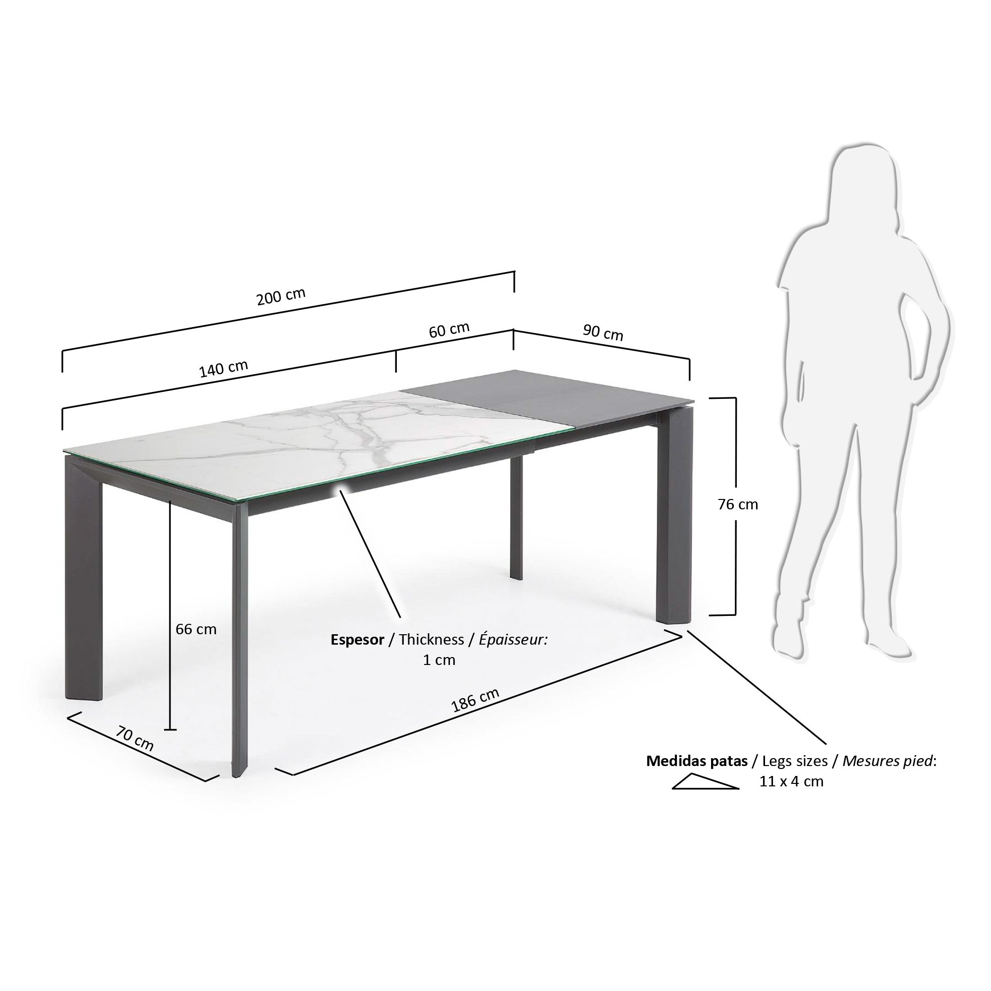 Axis porcelanski sto na razvlačenje sa završnom obradom Kalos Blanco i tamnosivim čeličnim nogama, 140 (200) cm