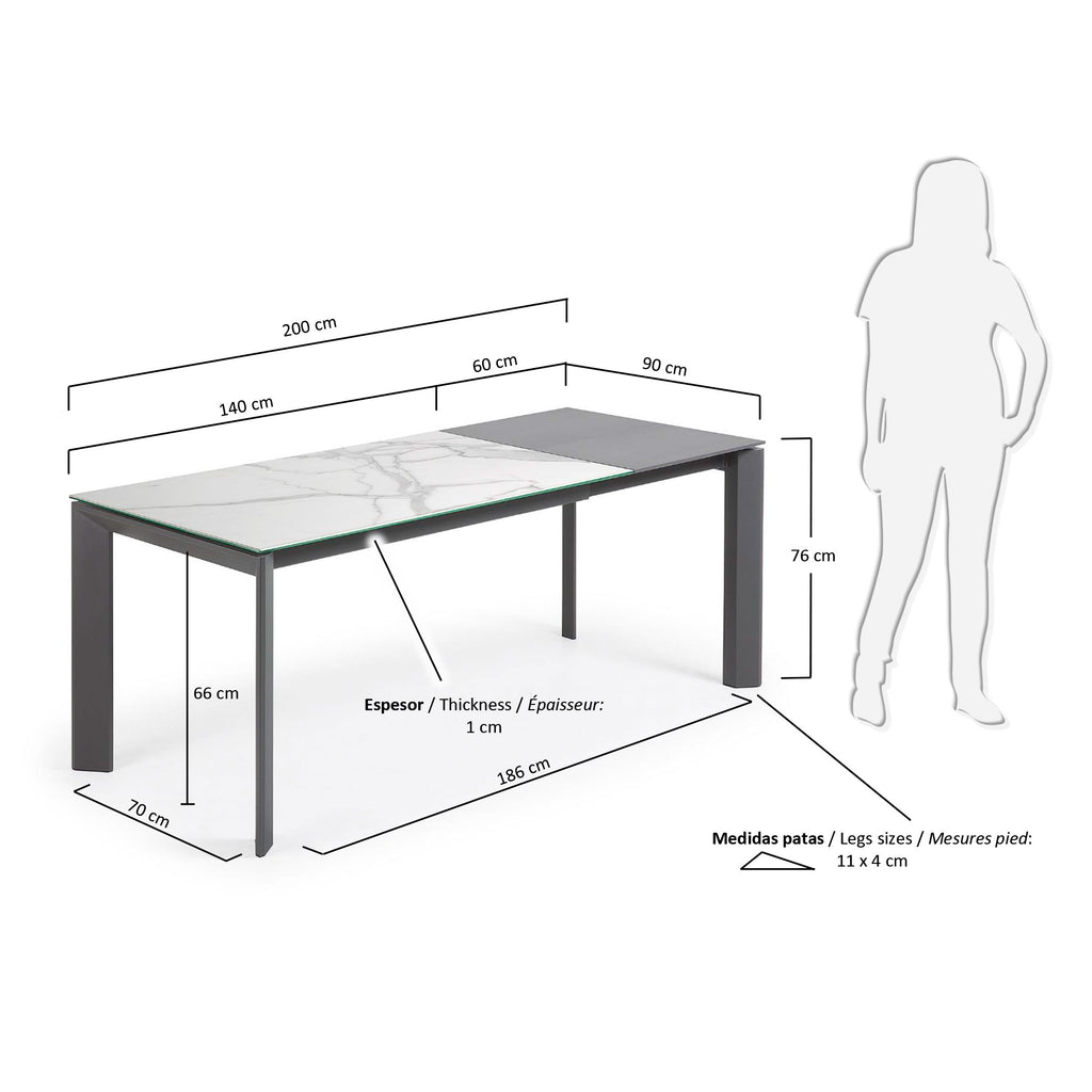 Axis porcelanski sto na razvlačenje sa završnom obradom Kalos Blanco i tamnosivim čeličnim nogama, 140 (200) cm