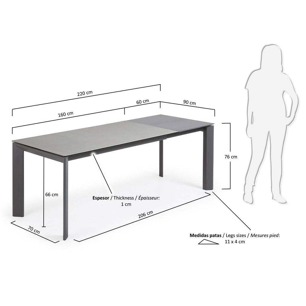 Axis porcelain extendable table in Hydra Lead finish with anthracite legs 160 (220) cm