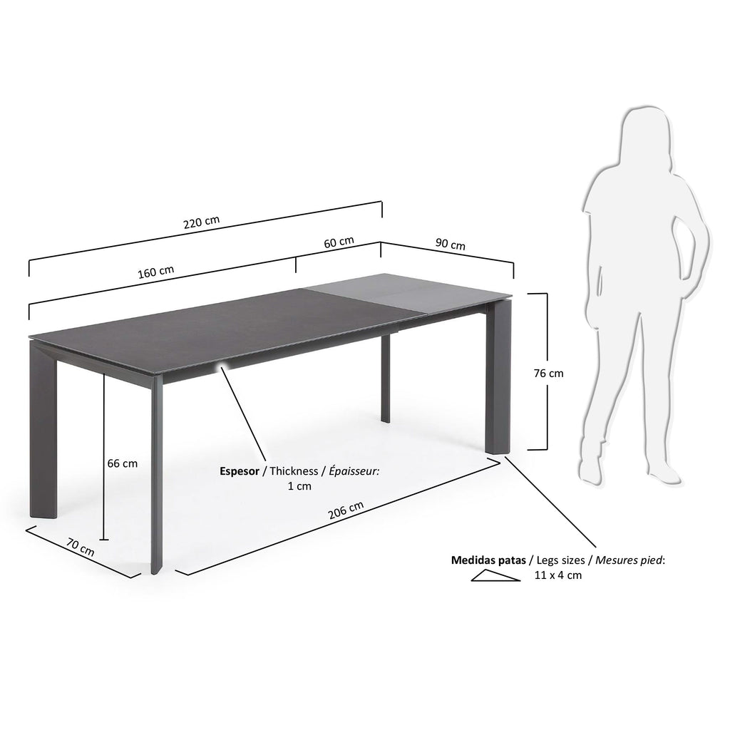 Axis extendable porcelain table with Volcano Rock finish and dark grey legs, 160 (220) cm