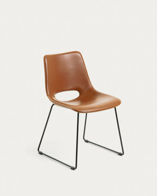 Zahara chair in brown polyurethane with steel legs and black finish FSC 100%