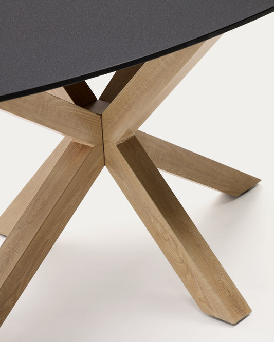 Argo oval table in matt black glass and steel legs with wood effect Ø 200 x 100 cm