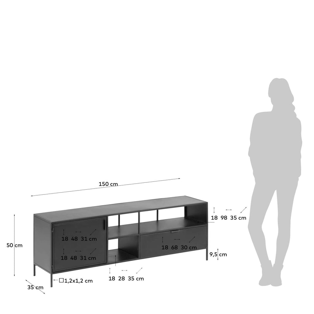 Shantay metalni tV postolje u farbanoj crnoj boji sa 1 vratima i fYokom, 150 x 50 cm