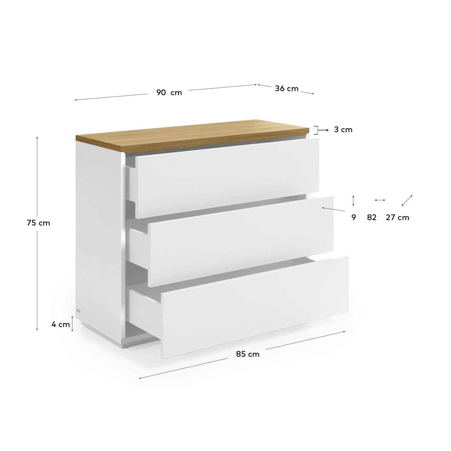 Abilen komoda sa 3 fioke od hrastovog furnira i belog laka, 90 x 75 cm, FSC 100%