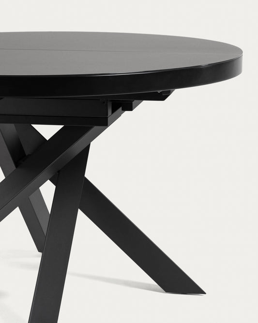 Vashti round glass extendable table with steel legs with black finish Ø 120 (160) cm